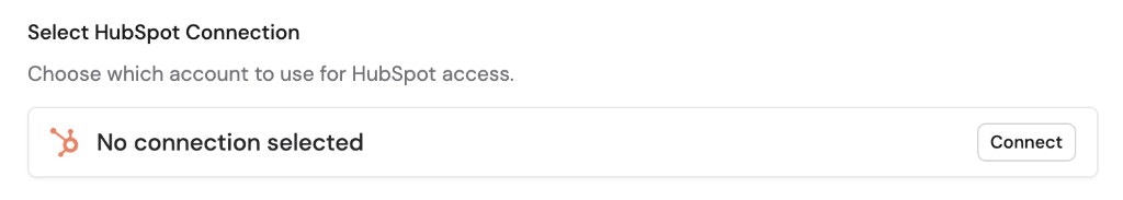 Select HubSpot Connection screen showing No connection selected with Connect button