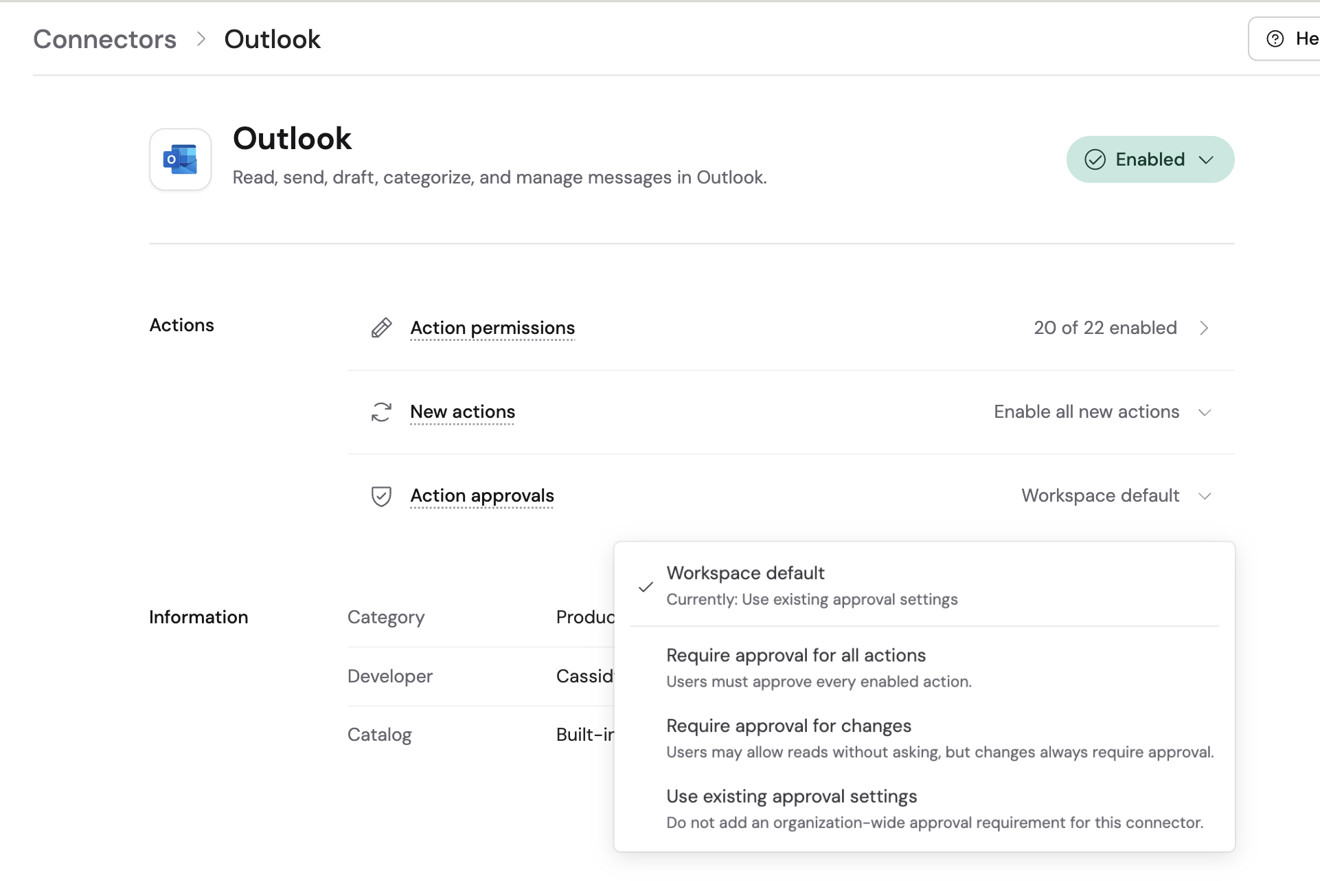 Action approvals dropdown on an organization Connector showing Organization default, Ask every time, Ask before changes, and No extra approval