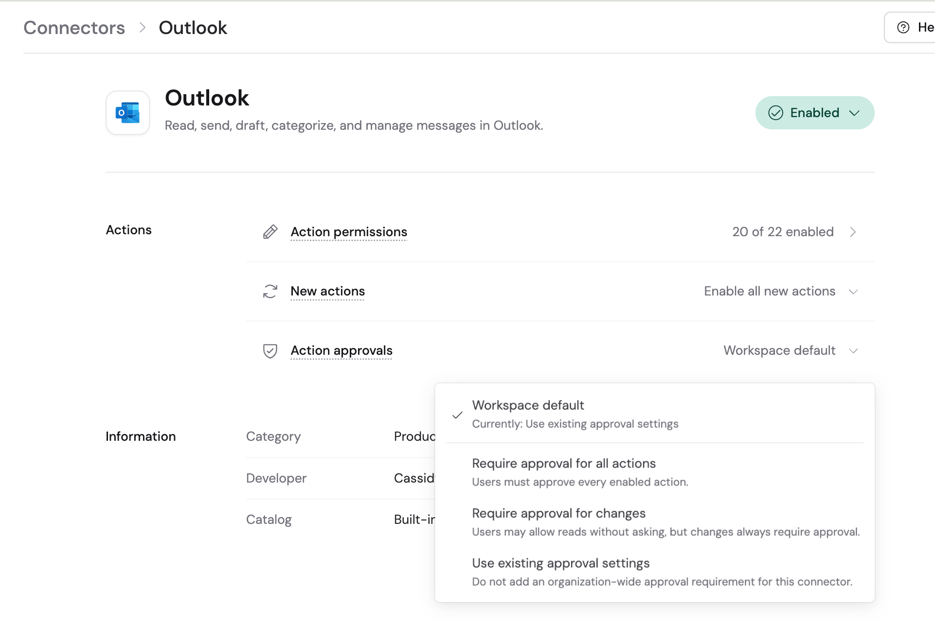 Action approvals dropdown on an organization Connector showing Organization default, Ask every time, Ask before changes, and No extra approval
