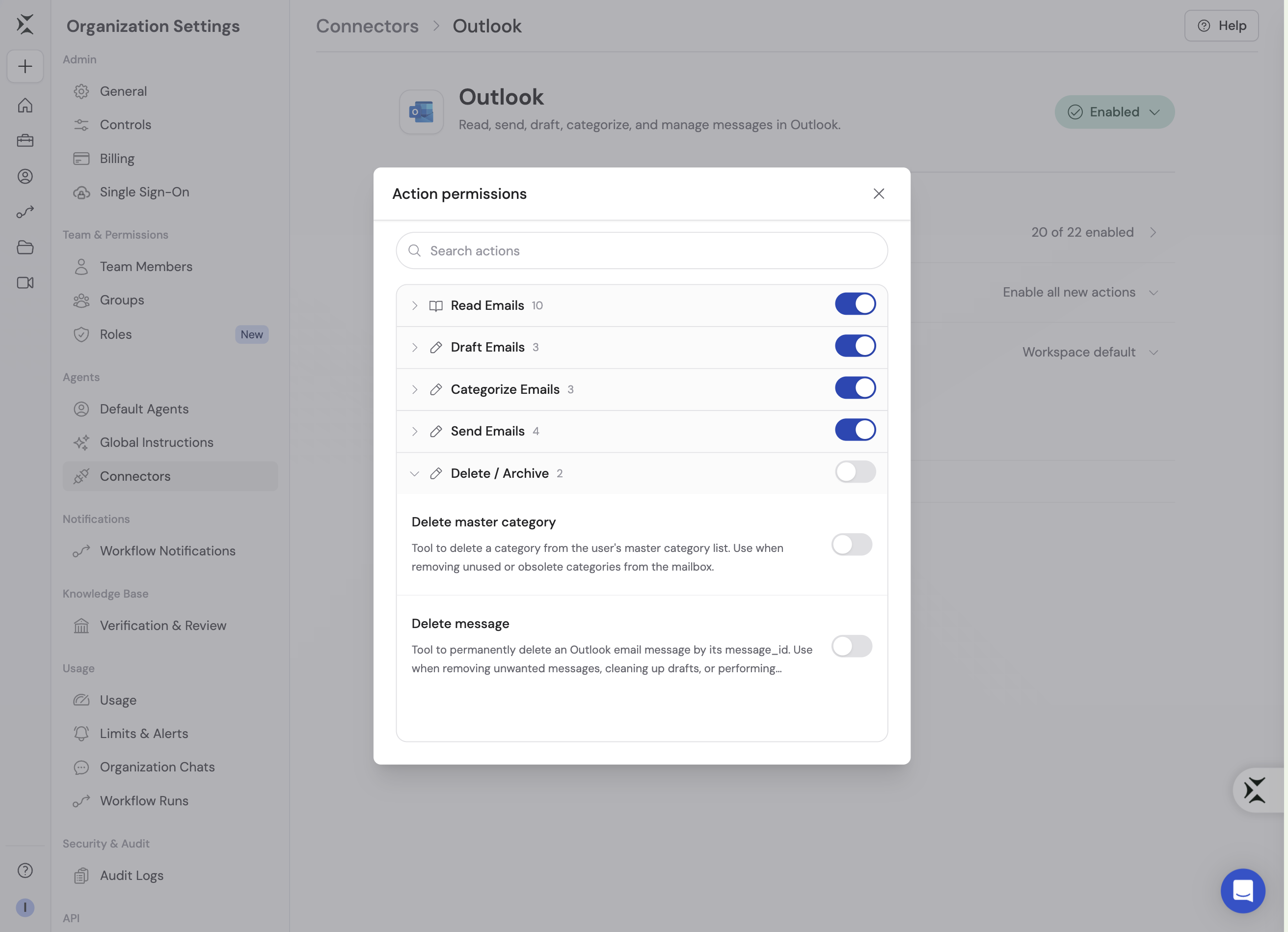 Action permissions modal for an organization Connector with action categories and per-action toggles