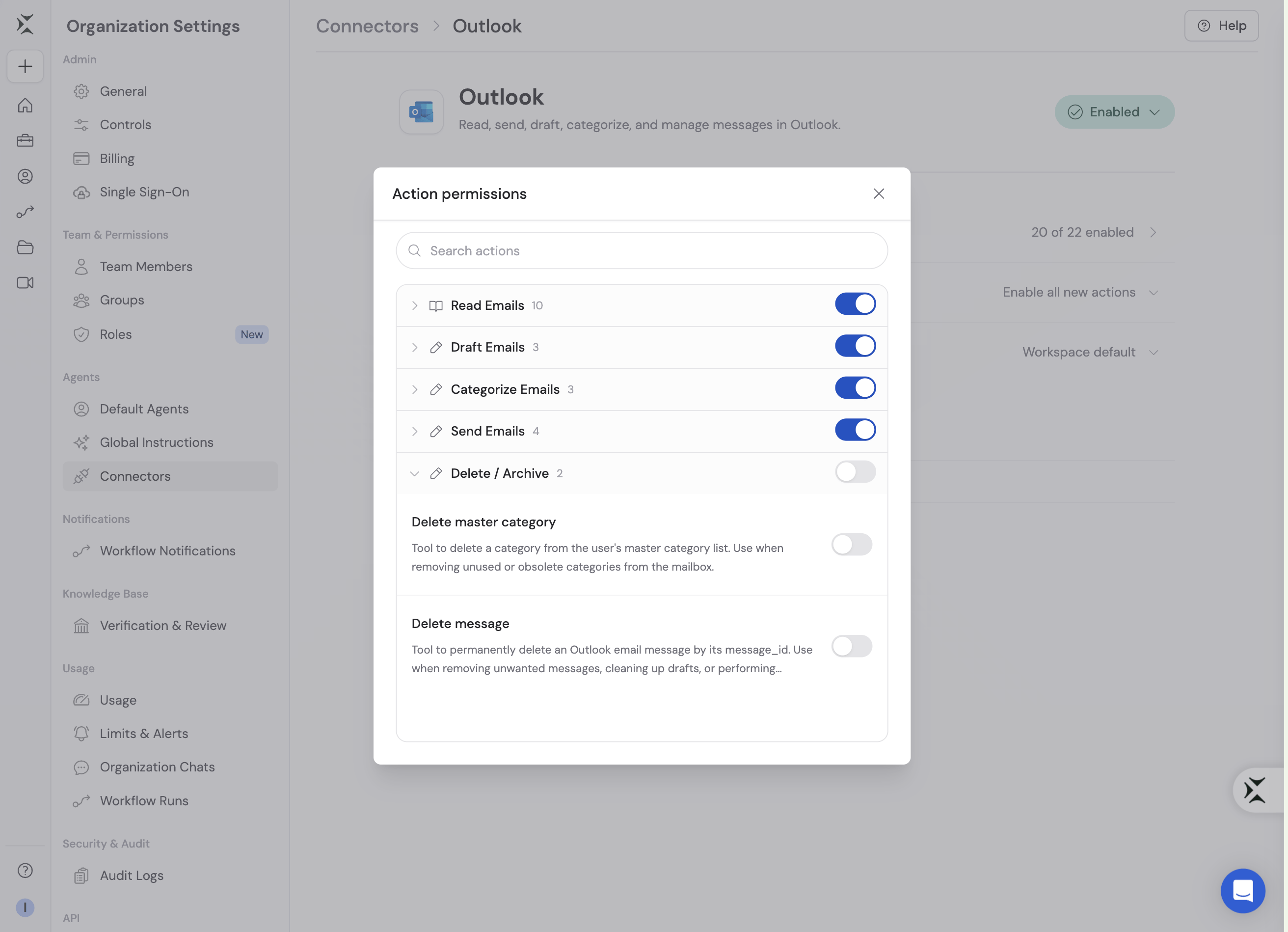 Action permissions modal for an organization Connector with action categories and per-action toggles