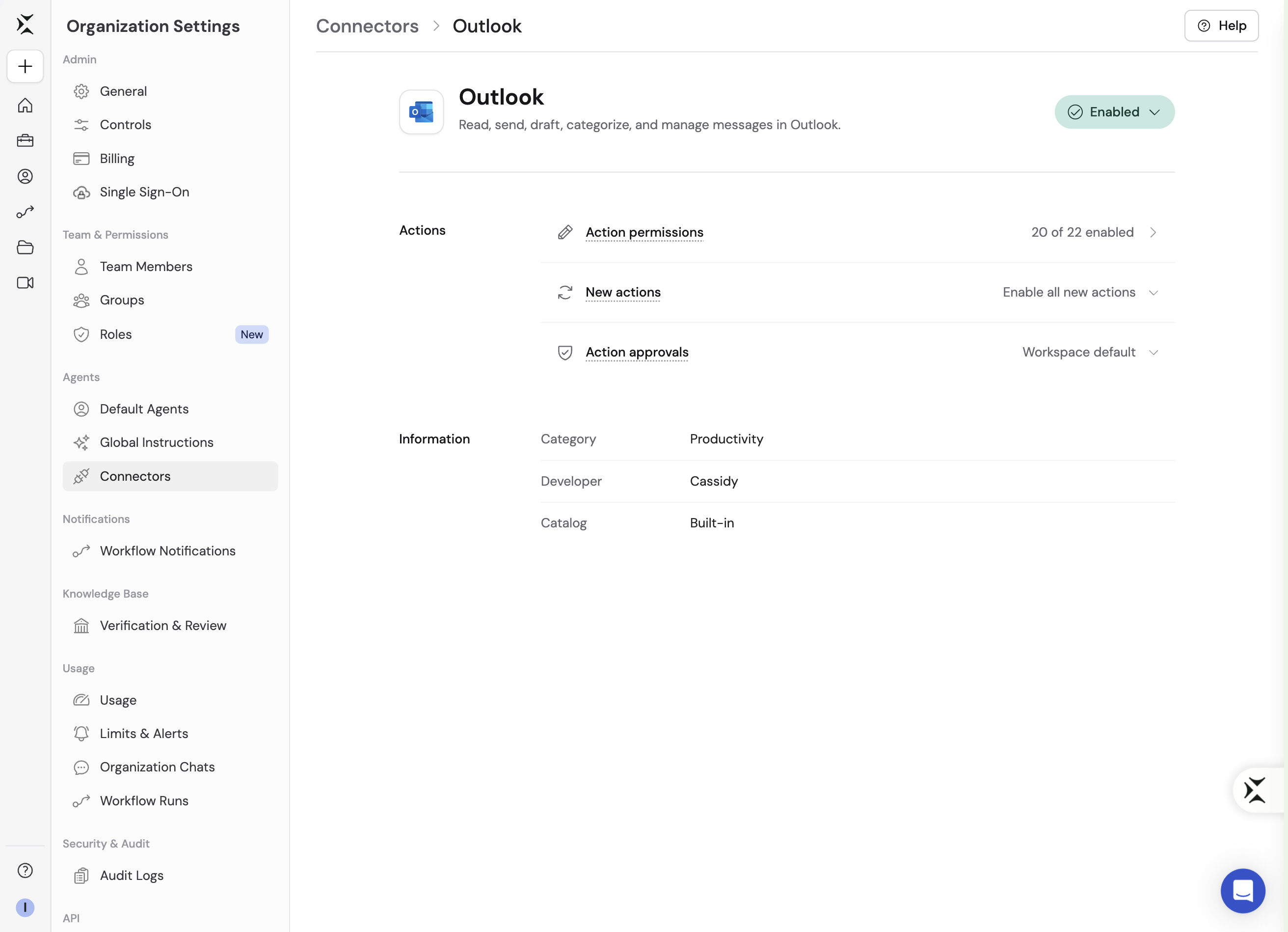 Organization Connector detail page for Outlook showing Action permissions, New actions, and Action approvals controls