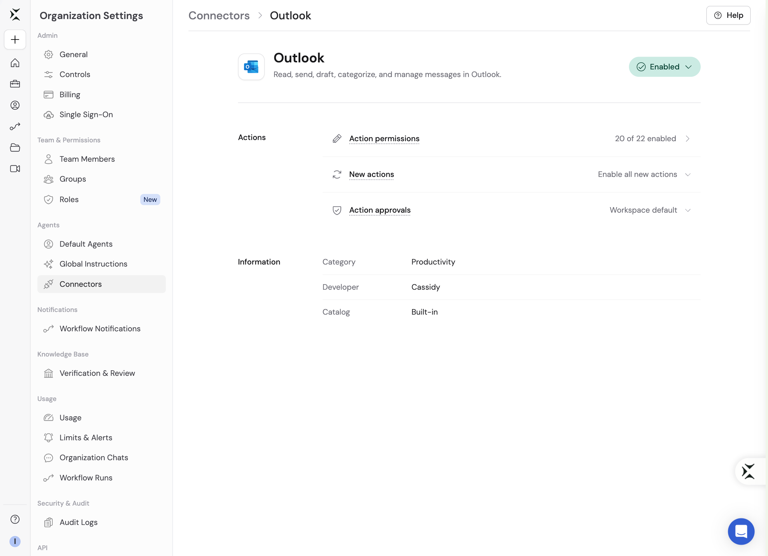 Organization Connector detail page for Outlook showing Action permissions, New actions, and Action approvals controls