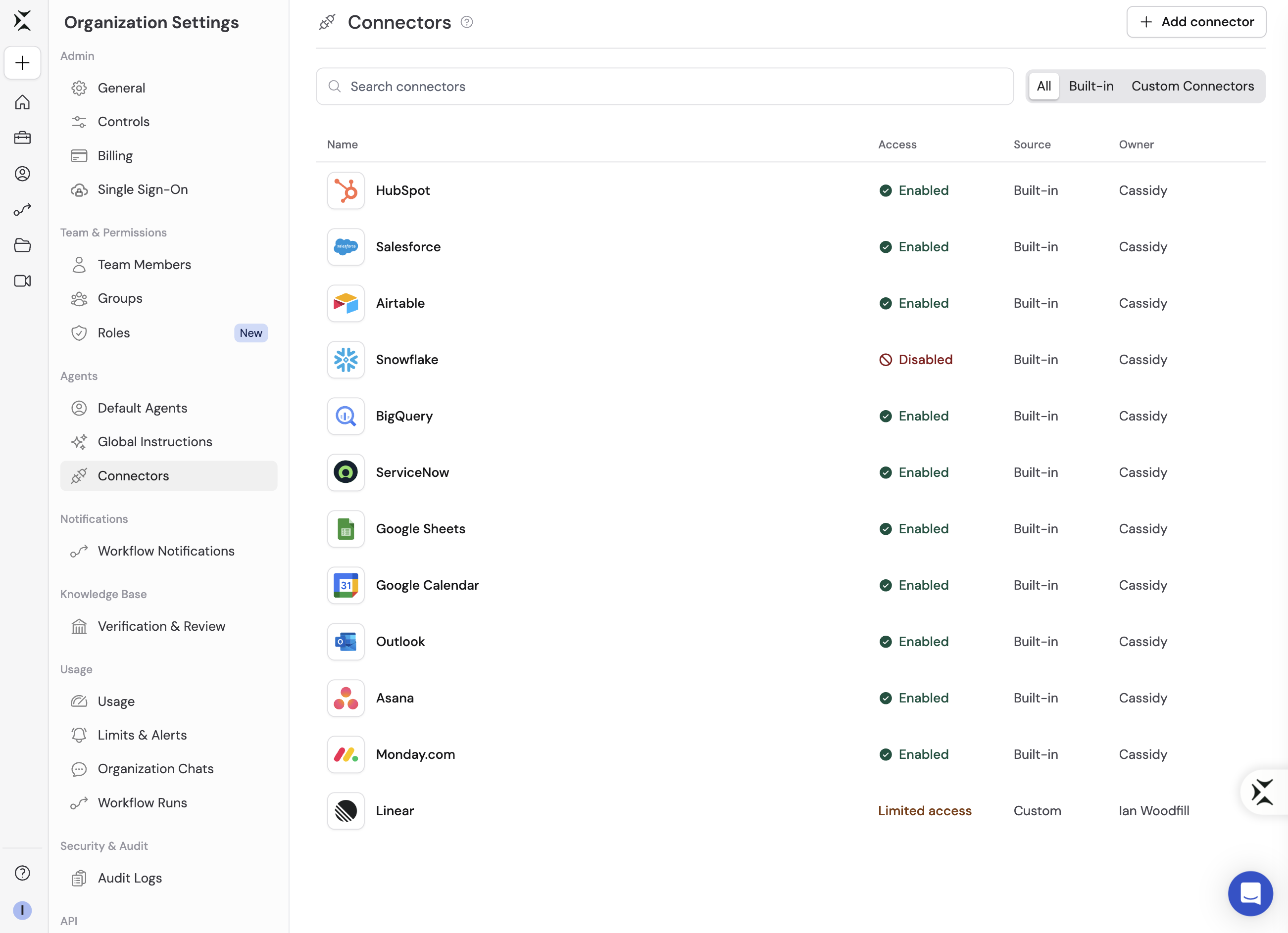 Organization Connectors catalog with All, Built-in, and Custom Connectors tabs showing Enabled, Disabled, and Restricted statuses