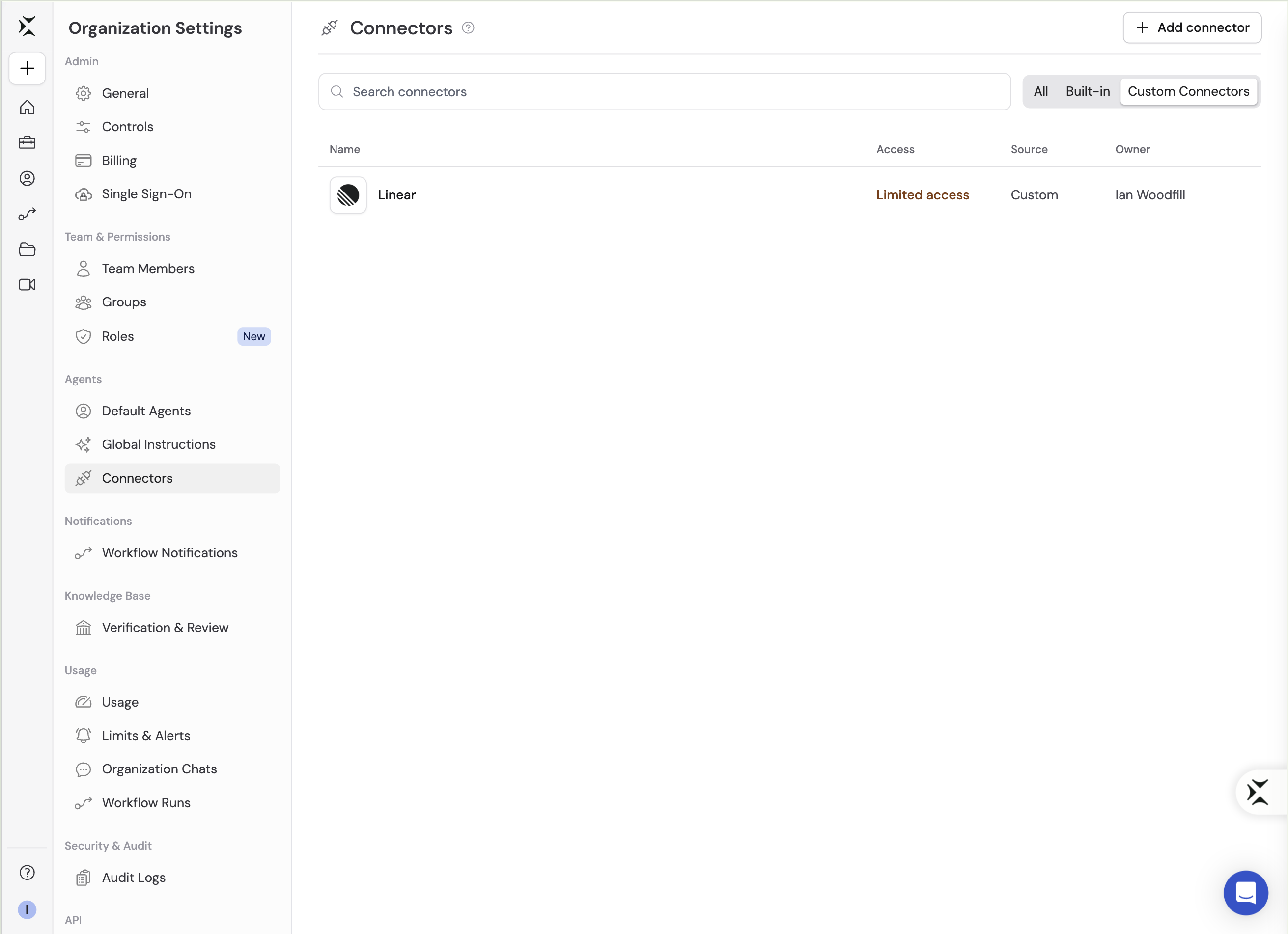 Organization Connectors catalog with the Custom Connectors tab selected, listing a Custom Connector shared with some people