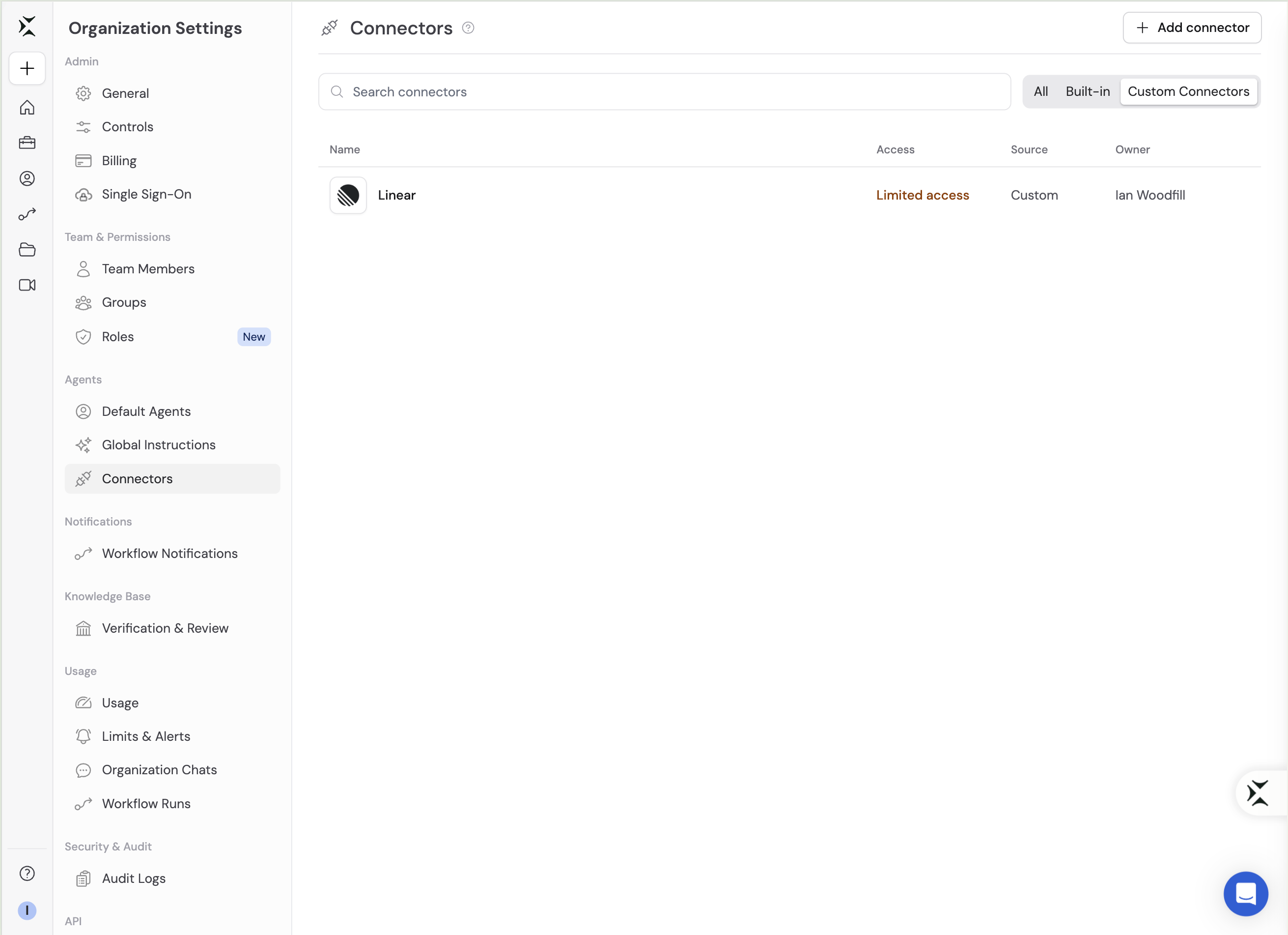 Organization Connectors catalog with the Custom Connectors tab selected, listing a Custom Connector shared with some people