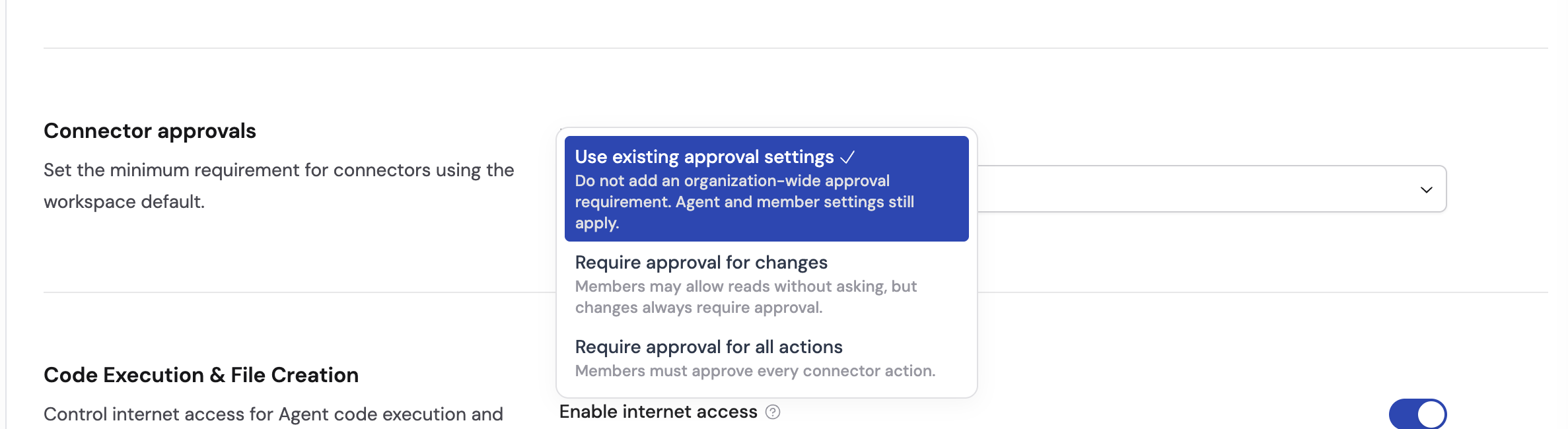 Connector approvals setting on the Organization Controls page with No extra approval, Ask before changes, and Ask every time options