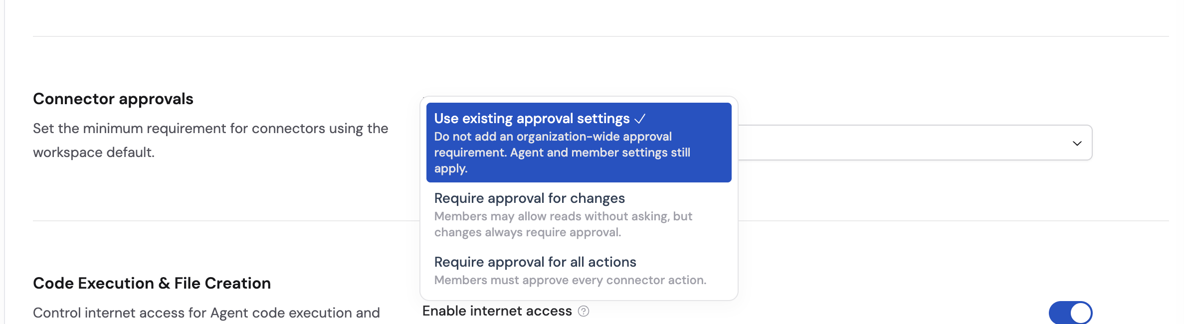 Connector approvals setting on the Organization Controls page with No extra approval, Ask before changes, and Ask every time options