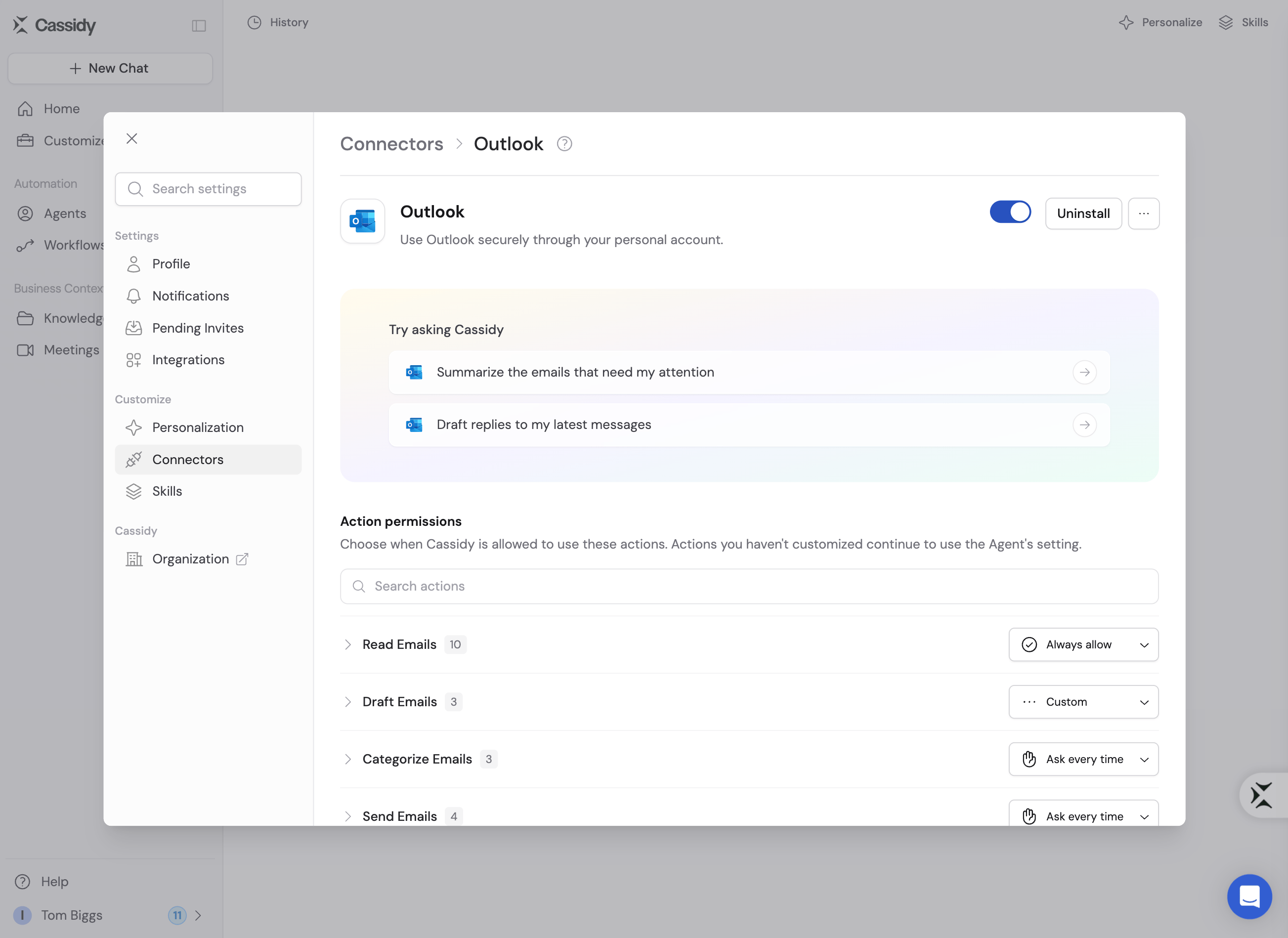 Personal Outlook Connector detail page showing action permissions grouped into categories like Read Emails and Send Emails