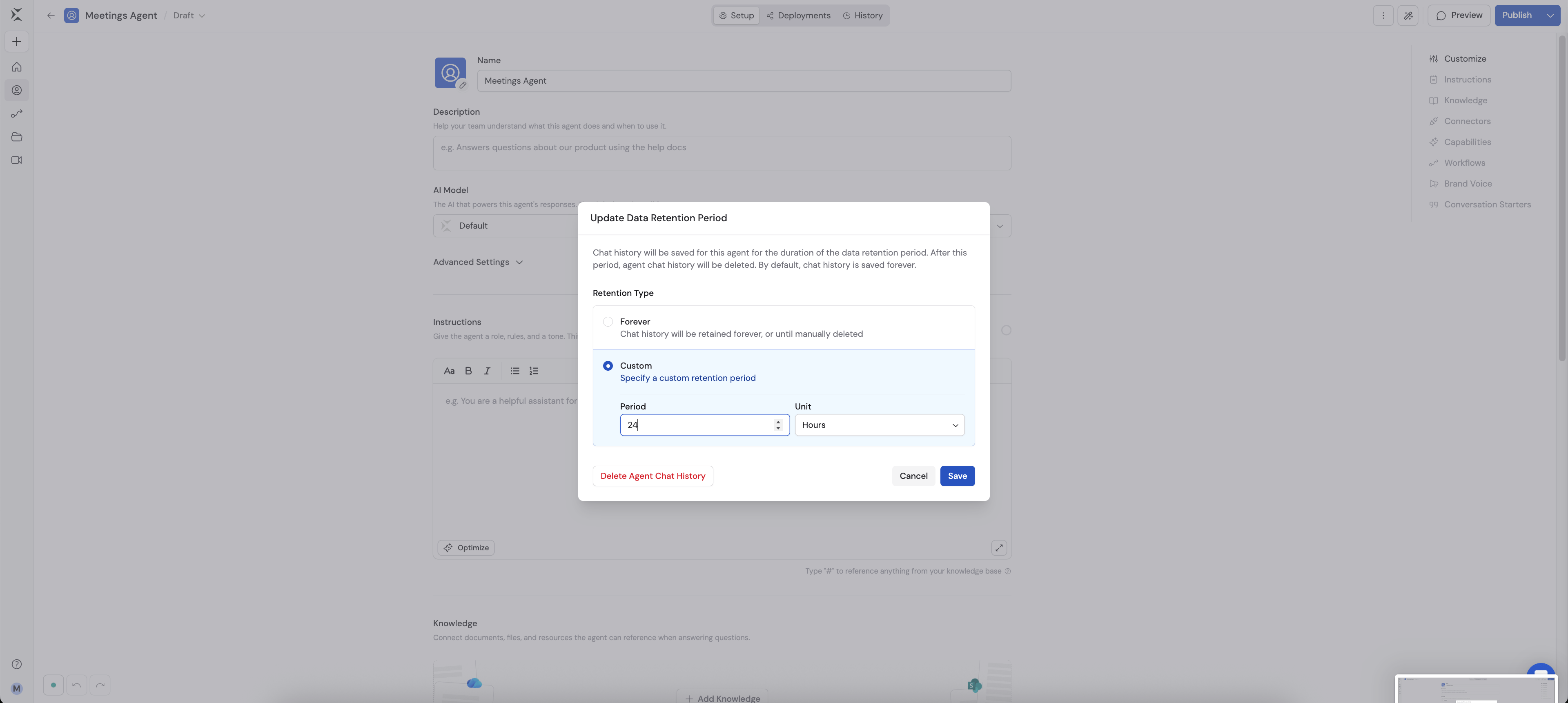 Agent Data Retention custom retention period