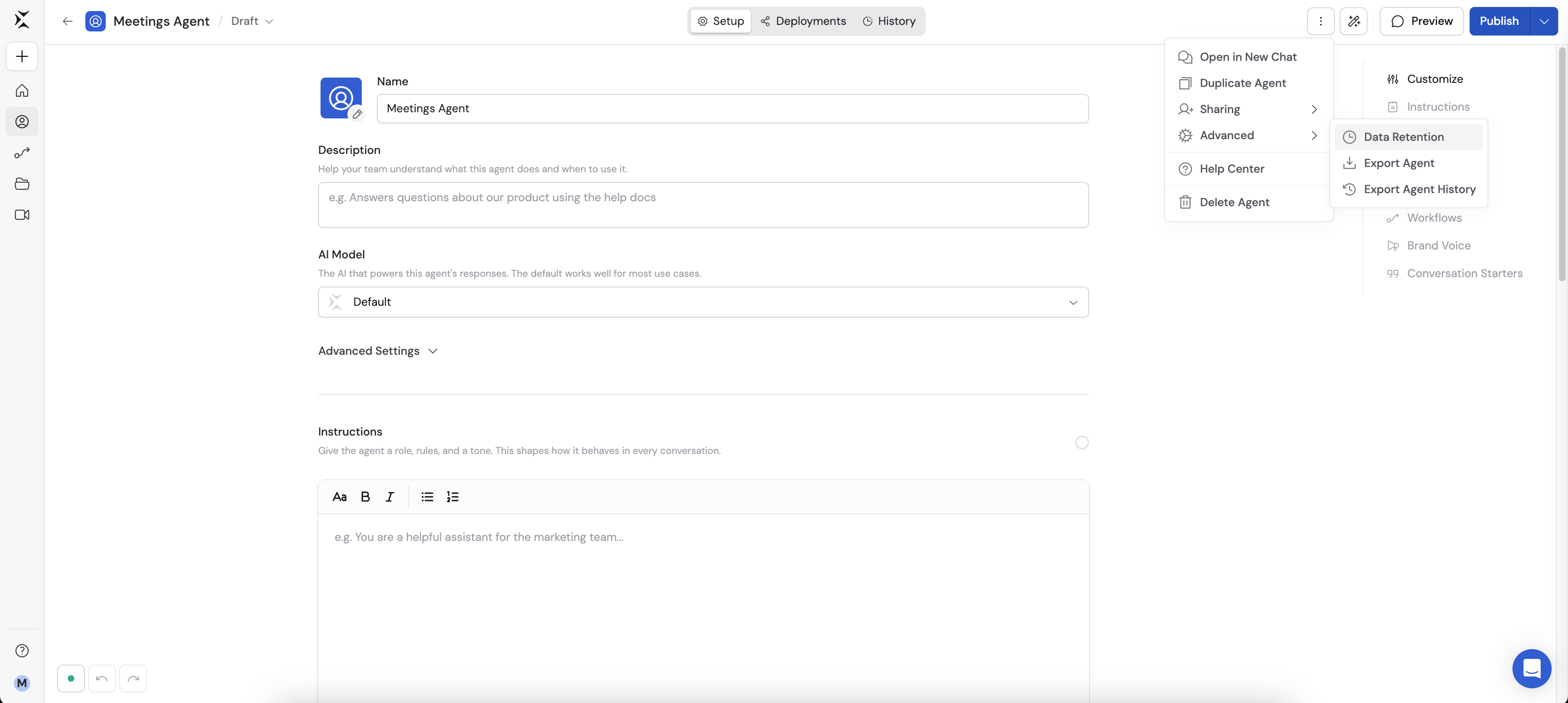 Agent Advanced Settings Menu showing Data Retention