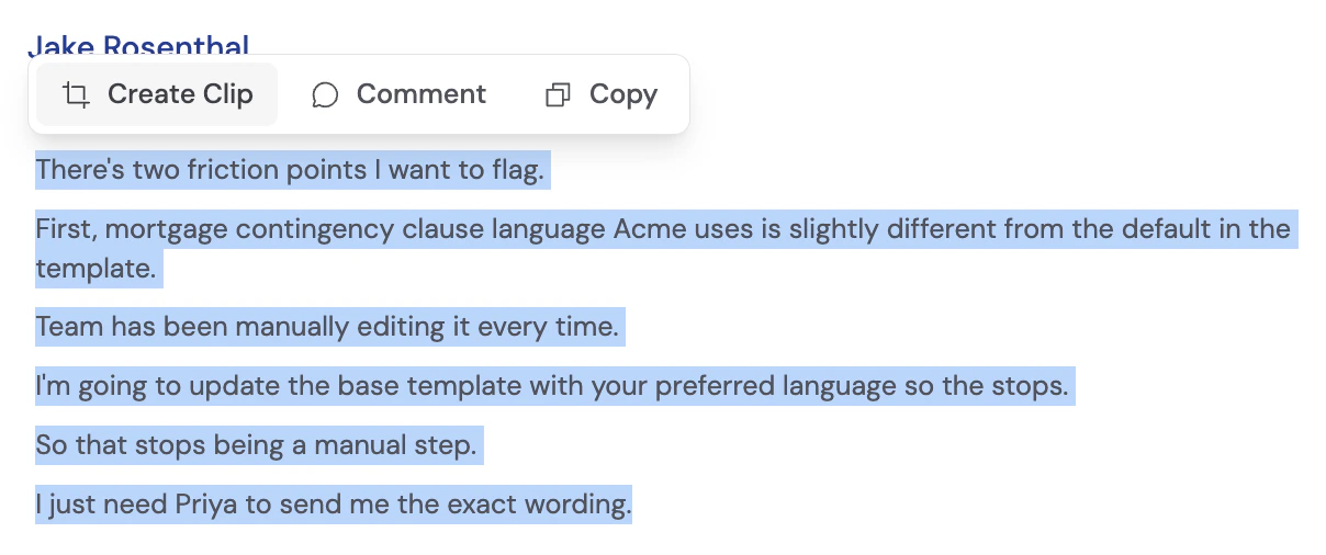 Transcript with highlighted text and the Create Clip button appearing in the popover above the selection