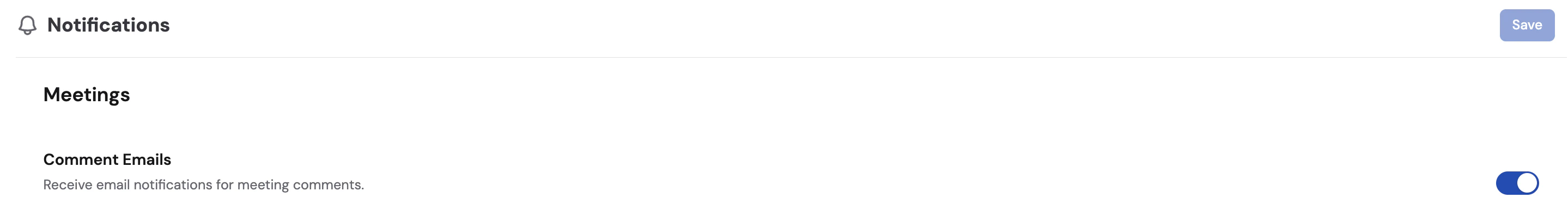 Account Settings Notifications page with the Meeting comment emails toggle