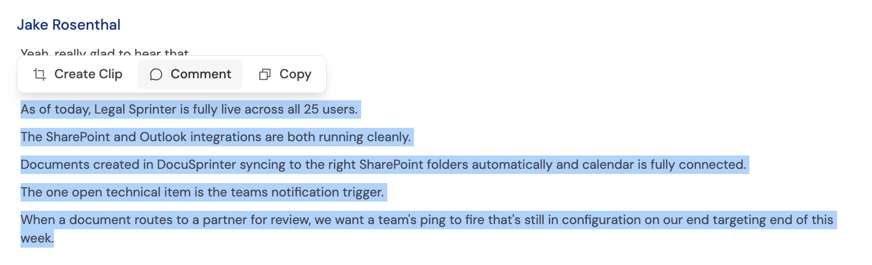 Transcript with highlighted text and a Comment button appearing above the selection