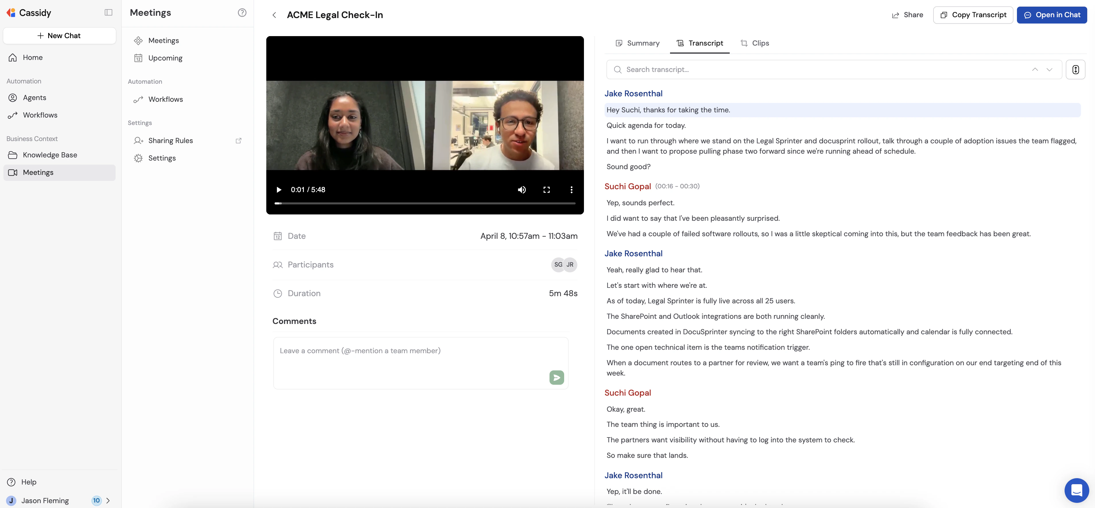 View meeting page with transcript tab selected