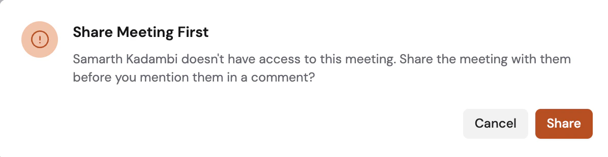 Dialog prompting to share the meeting with a teammate who doesn't have access before mentioning them
