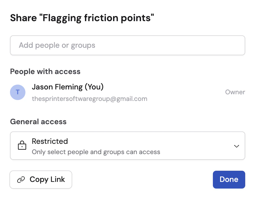 Clip share dialog showing access level options and a people search field