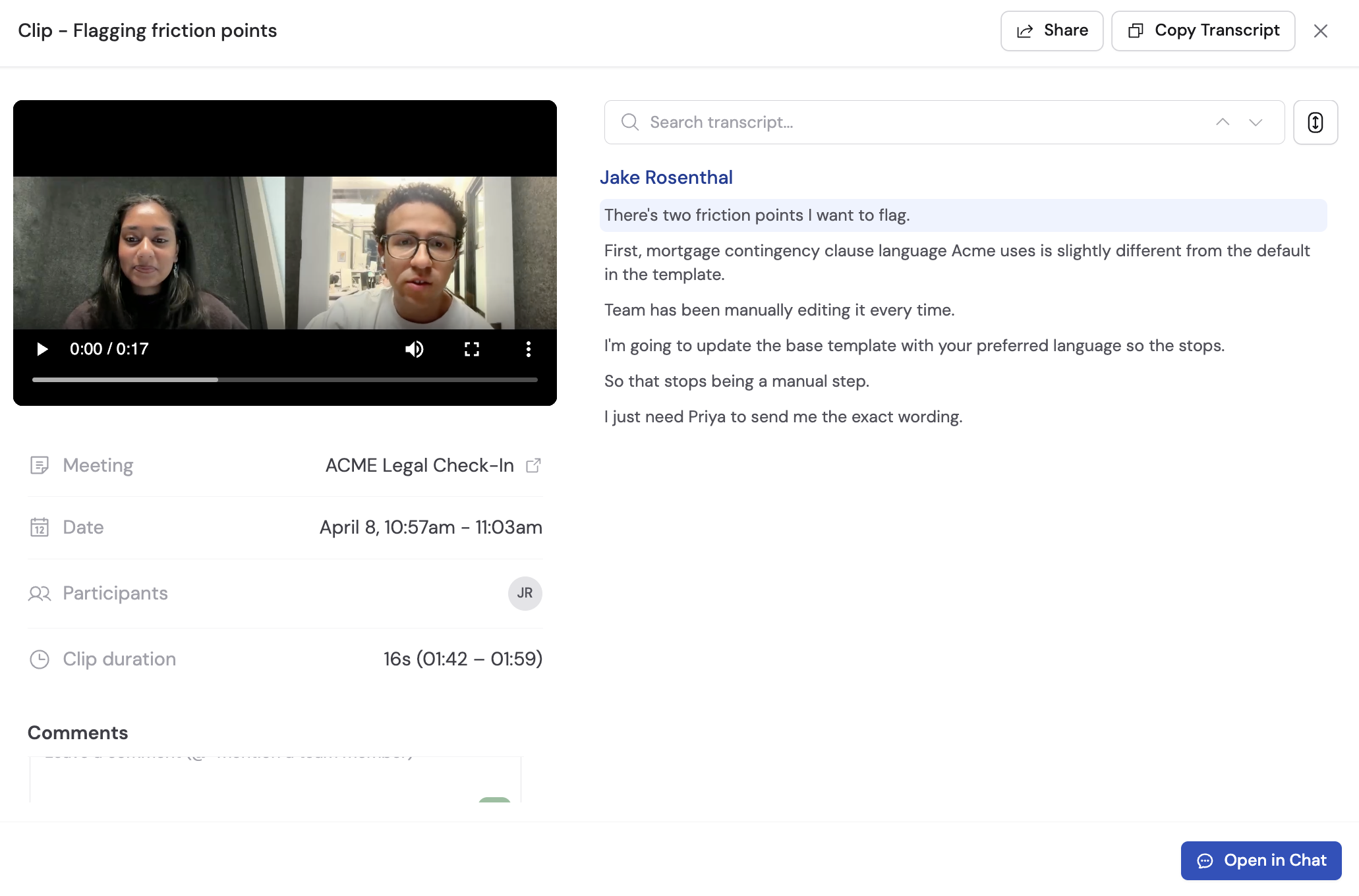 Clip viewer showing the video player on the left and the transcript panel on the right, with Share and Open in Chat buttons