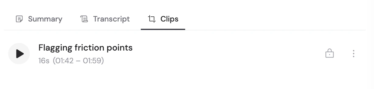 Clips tab showing a list of saved clips with their duration, timestamps, and sharing status