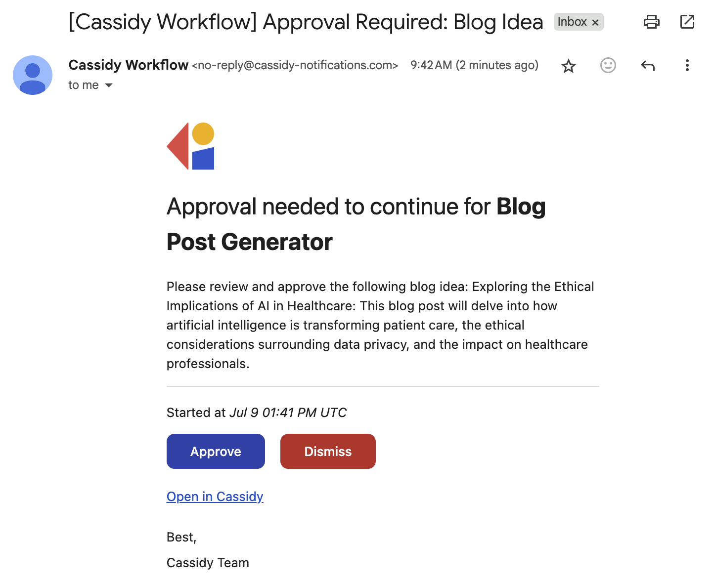 Email notification received by the approver