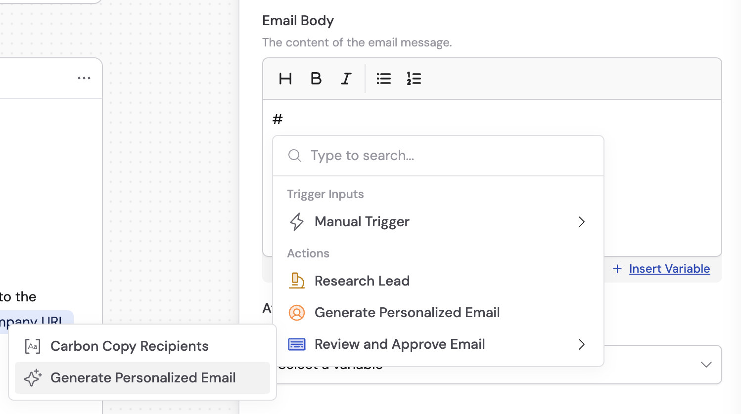 Variable selector showing collected input values