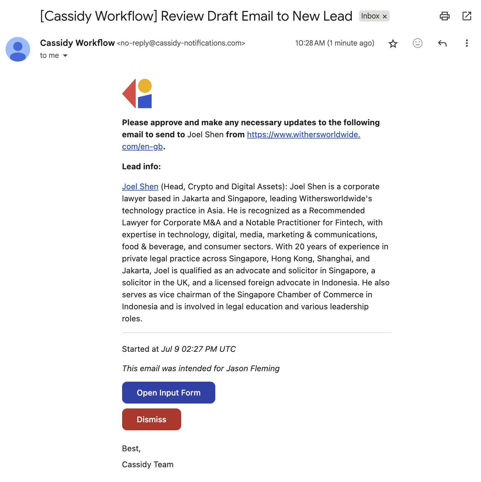 Email notification received by the recipient
