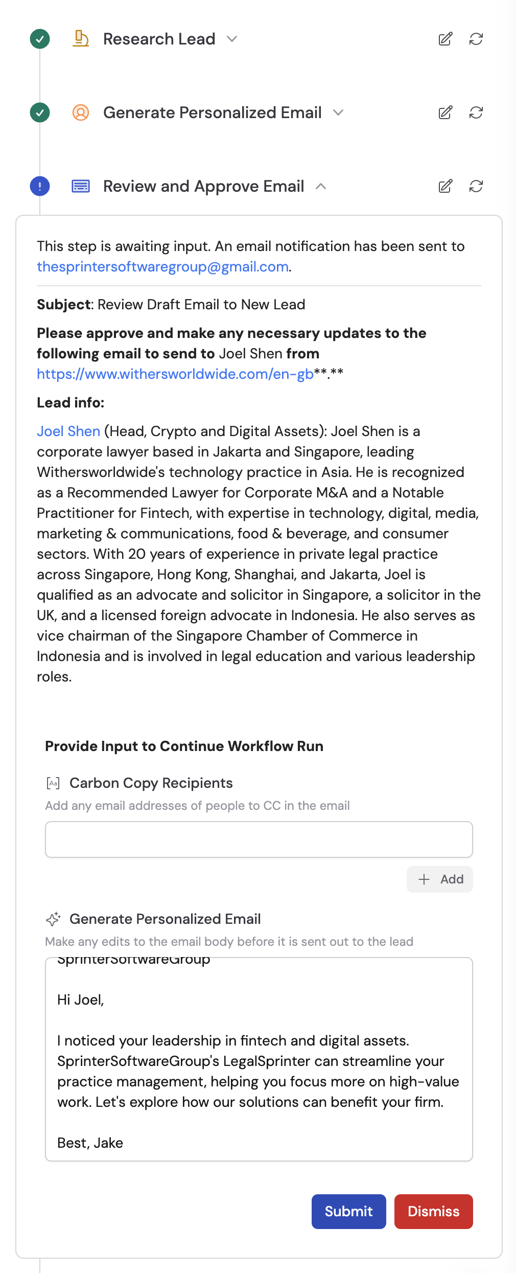 Input request in the Cassidy Workflow UI