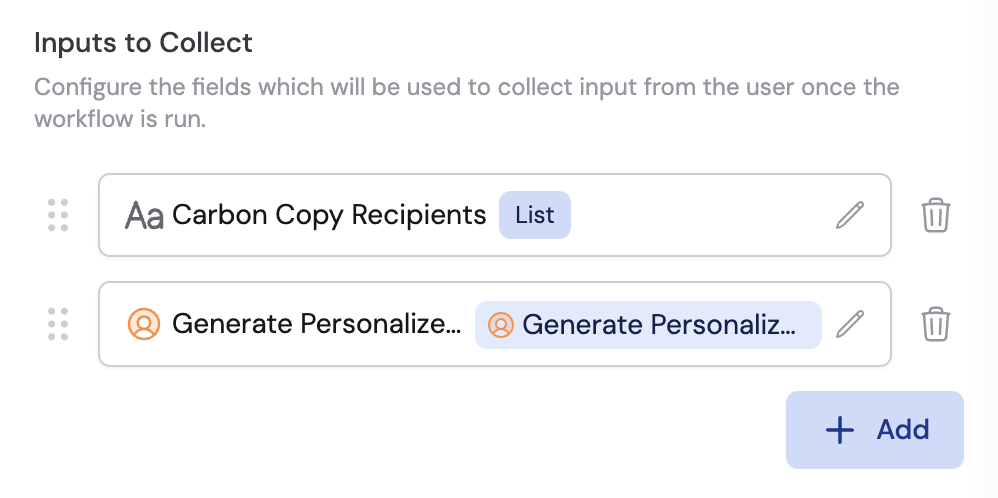 Input fields with drag handles, edit, and delete options
