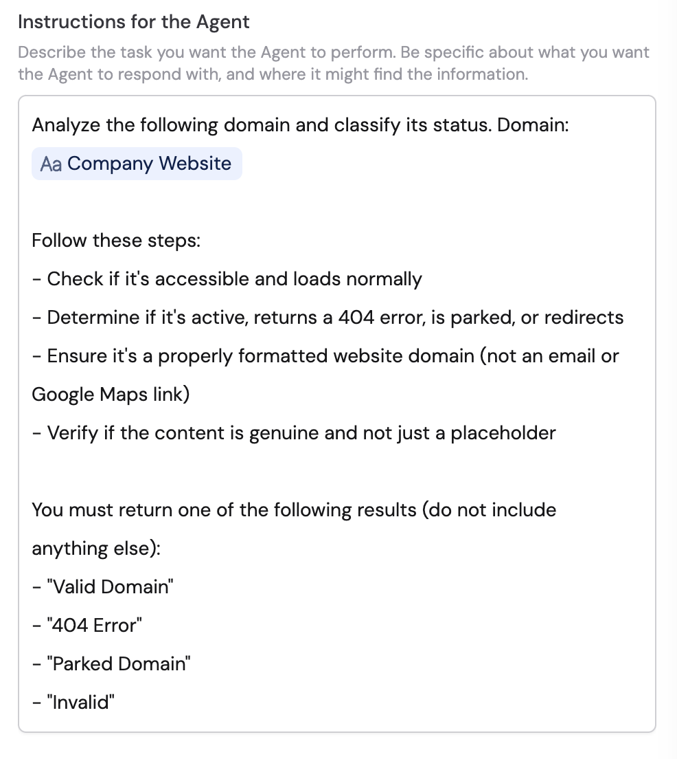 Instructions field for the custom Research Agent with detailed task description