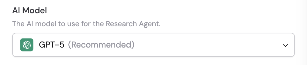AI model selection dropdown for the custom Research Agent