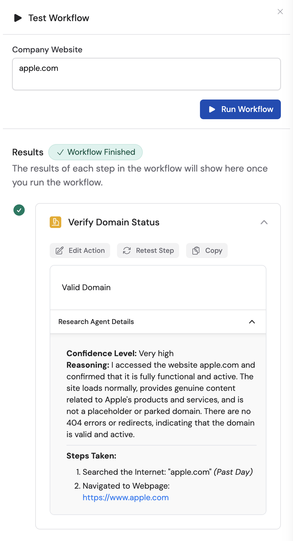 Custom Research Agent output with confidence level and step details