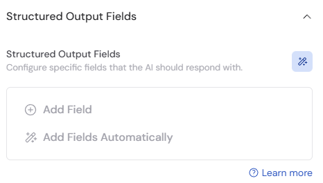 Structured output fields configuration for the pre-built Research Agent
