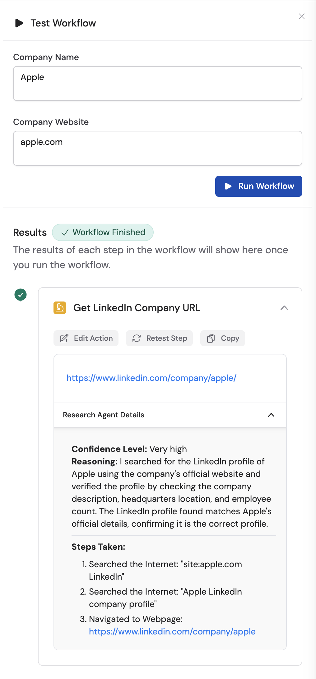 Research Agent output showing confidence level and reasoning details