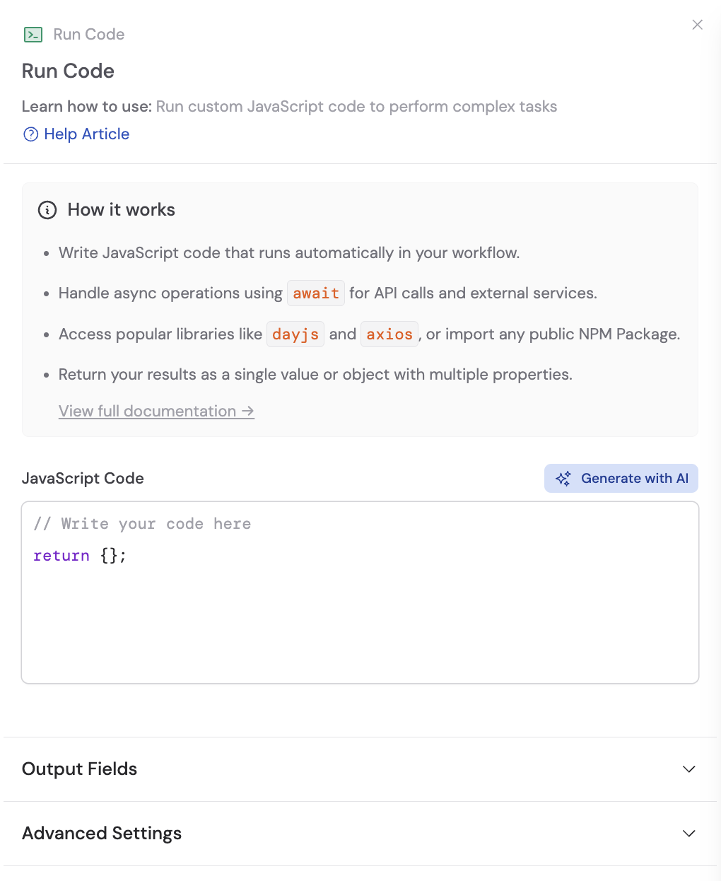 Adding the Run Code action to the Workflow