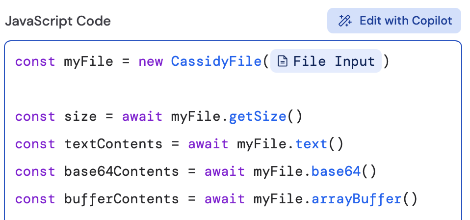 CassidyFile class methods for reading file content as string, base64, or buffer
