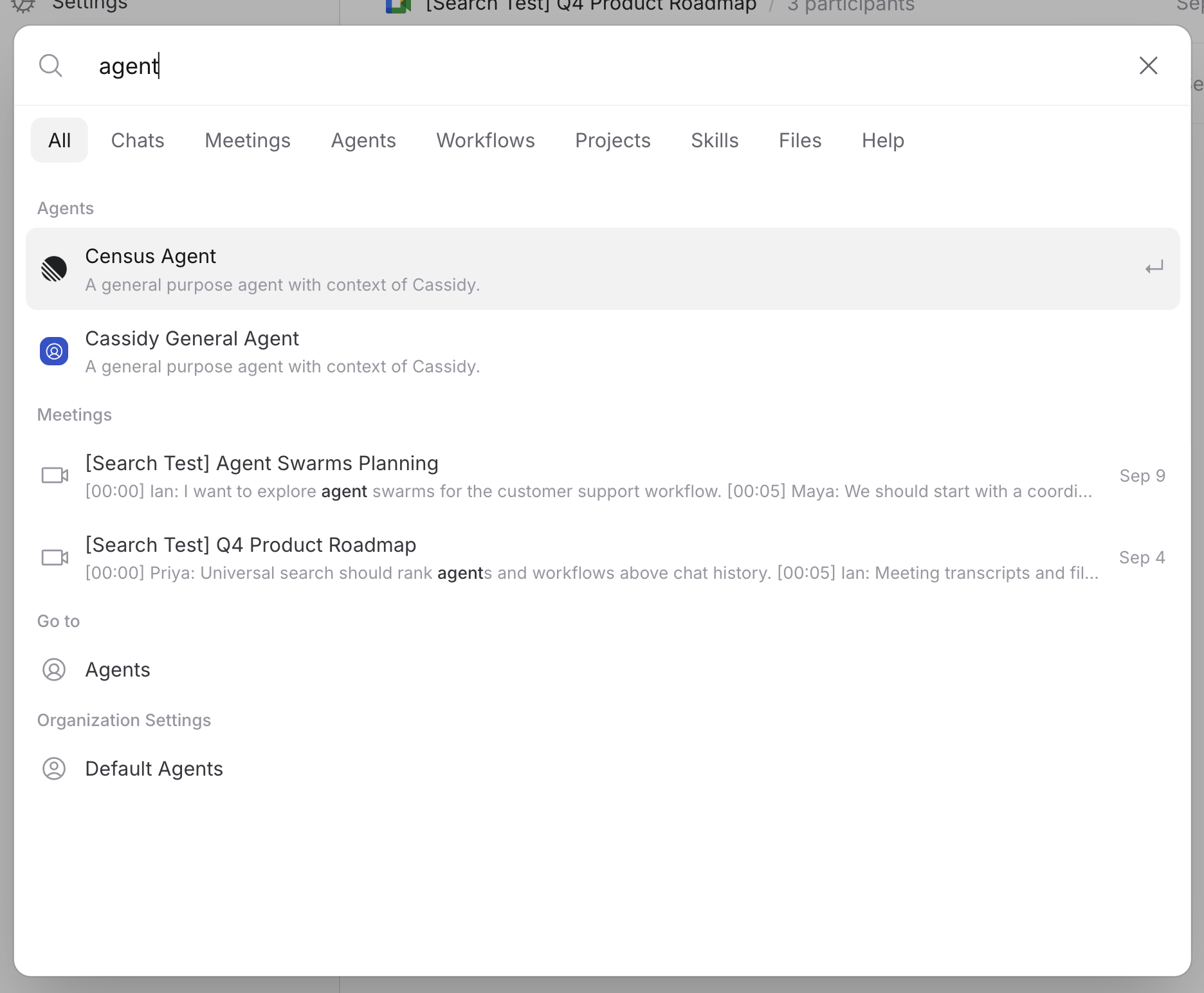 Cassidy search showing matching Agents, Meetings, navigation, and organization settings