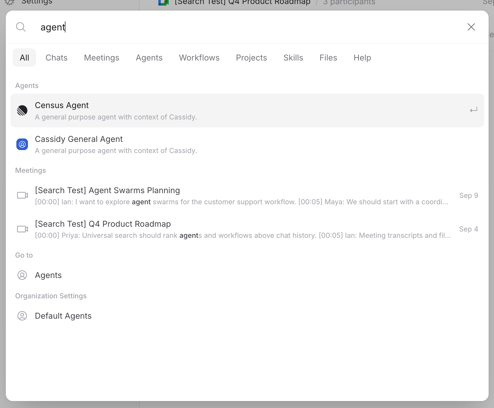 Cassidy search showing matching Agents, Meetings, navigation, and organization settings