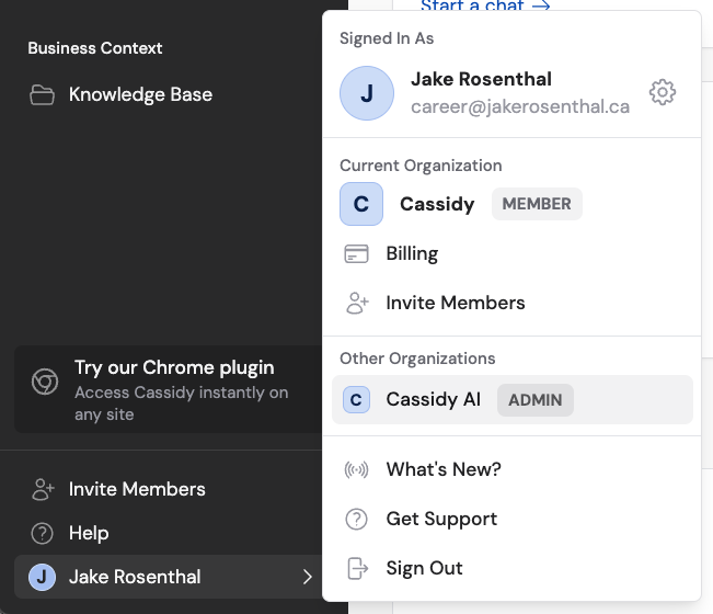 Sidebar menu showing multiple organizations to switch between