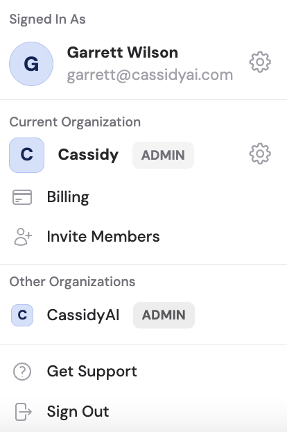 Sidebar menu showing multiple organizations to switch between