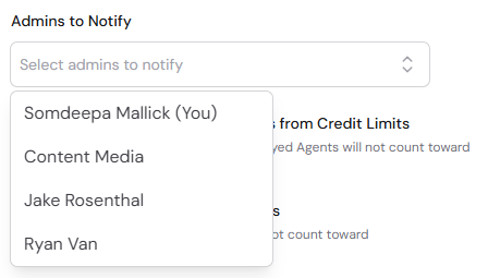 Admins to Notify selector for per-user credit limits