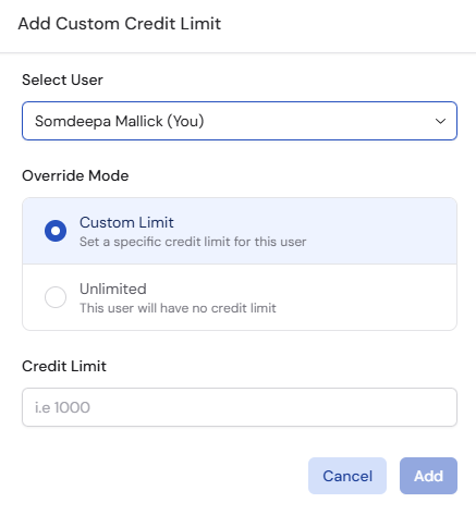 Custom limit configuration showing user selection and credit limit value