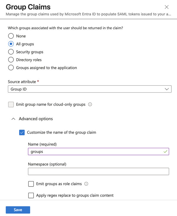 Entra ID Attributes and Claims section showing Group Claim configuration