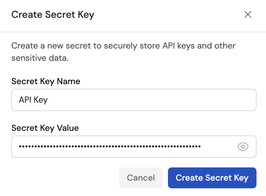 Secret key creation form showing name and value fields