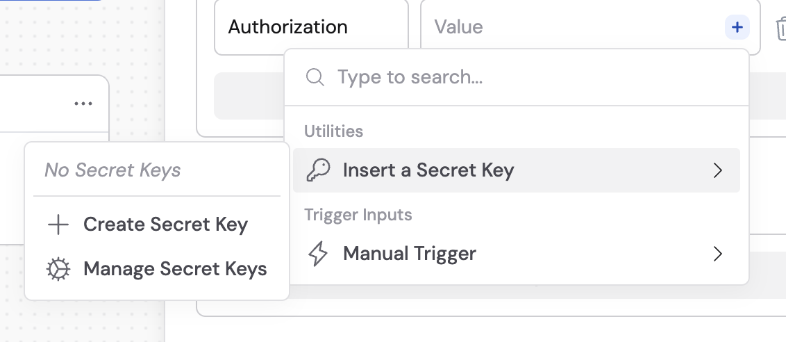 Dropdown menu with Insert a Secret Key option