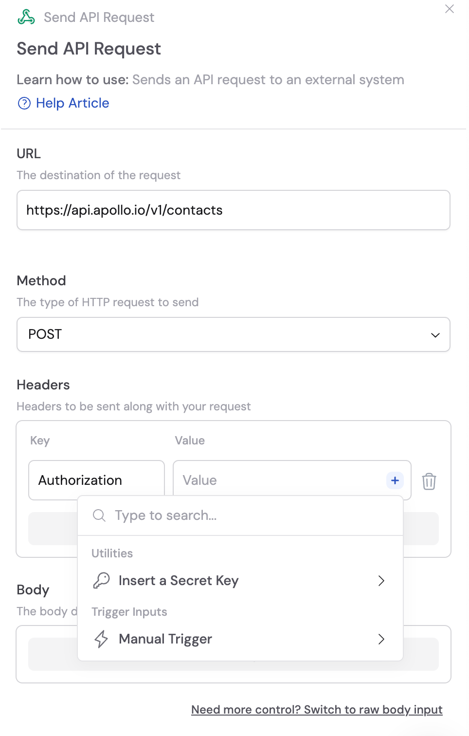 Send API Request action showing the plus button next to the value field