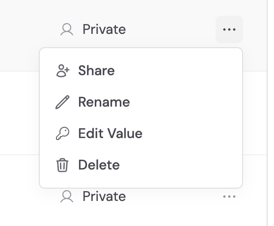 Key options menu showing rename, edit value, update permissions, and delete