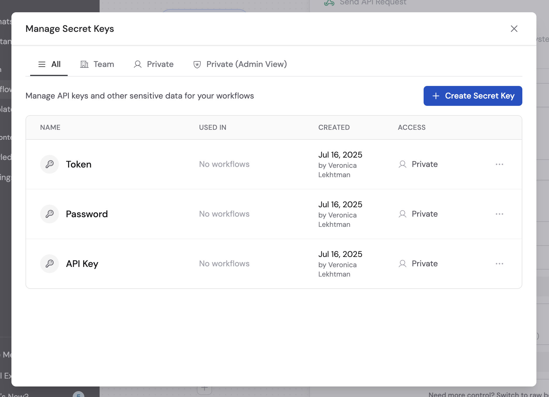 Manage Secret Keys panel with filter tabs and list of stored keys