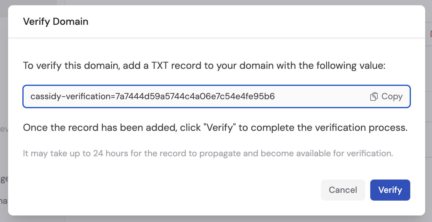 DNS TXT record value to add to your domain for verification