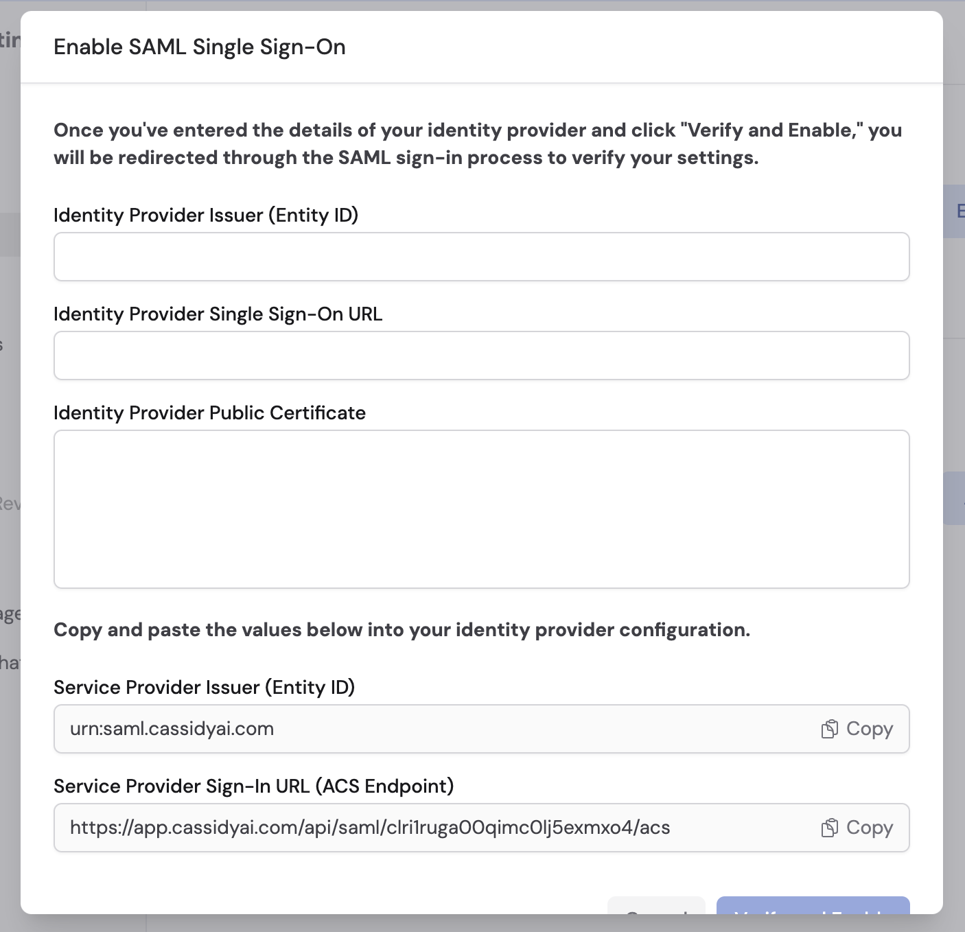 Enable Single Sign-On toggle and configuration fields
