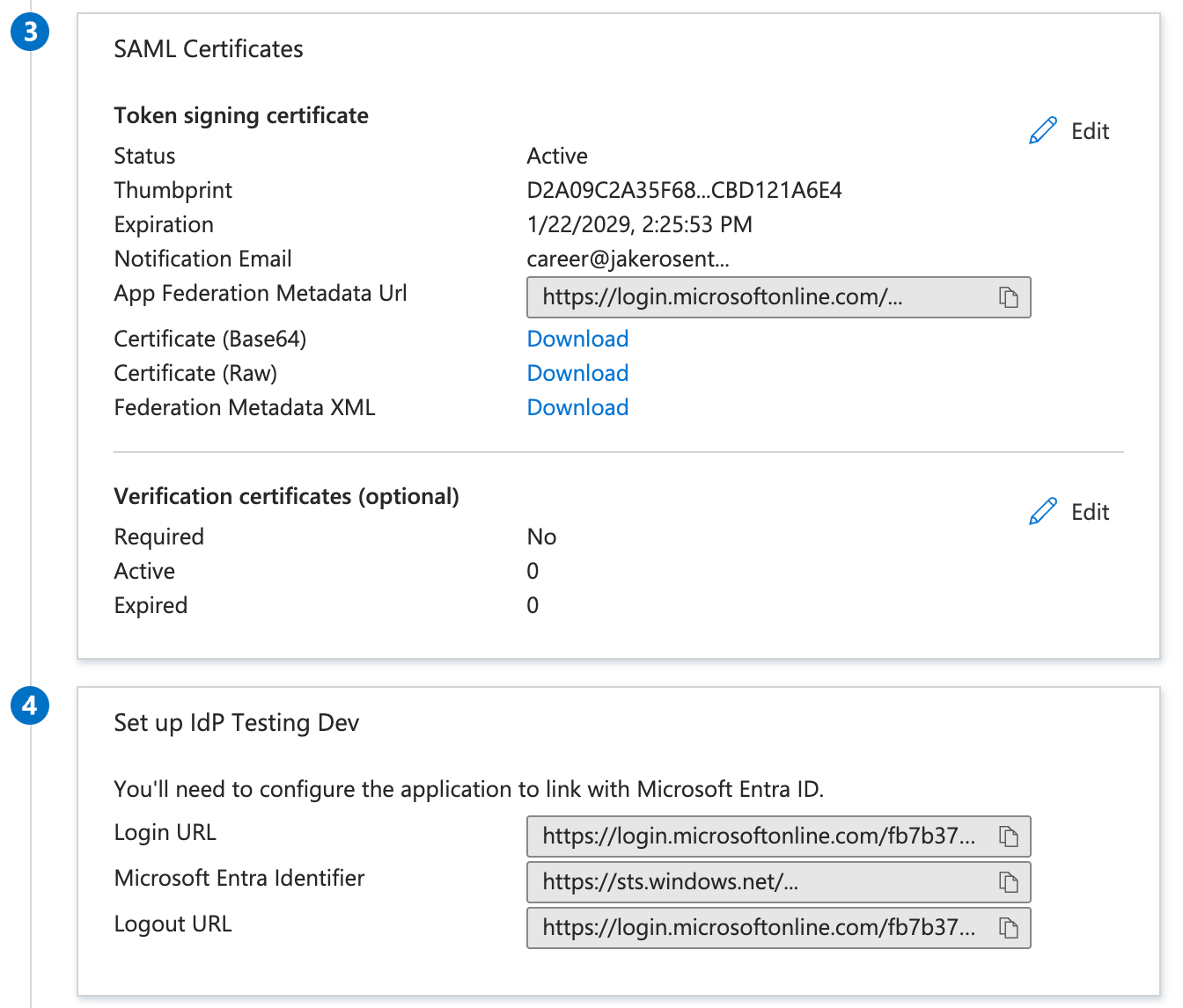 Entra ID SAML configuration showing Login URL, Identifier, and certificate download